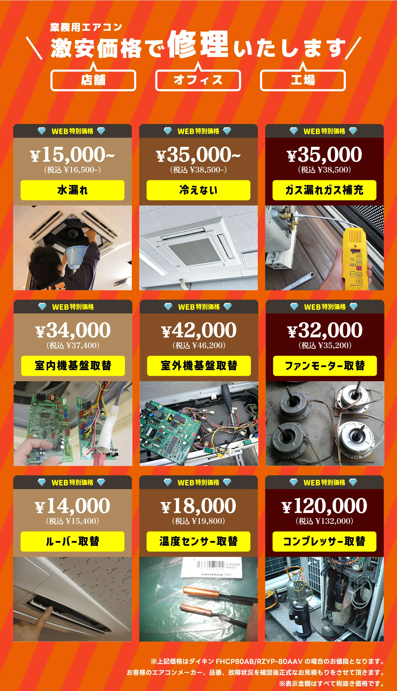 業務用エアコンを激安価格で修理（店舗・オフィス・工場）。水漏れ16,500円〜、冷えない38,500円〜、ガス漏れ・基盤・ファンモーター・コンプレッサー交換などの料金表